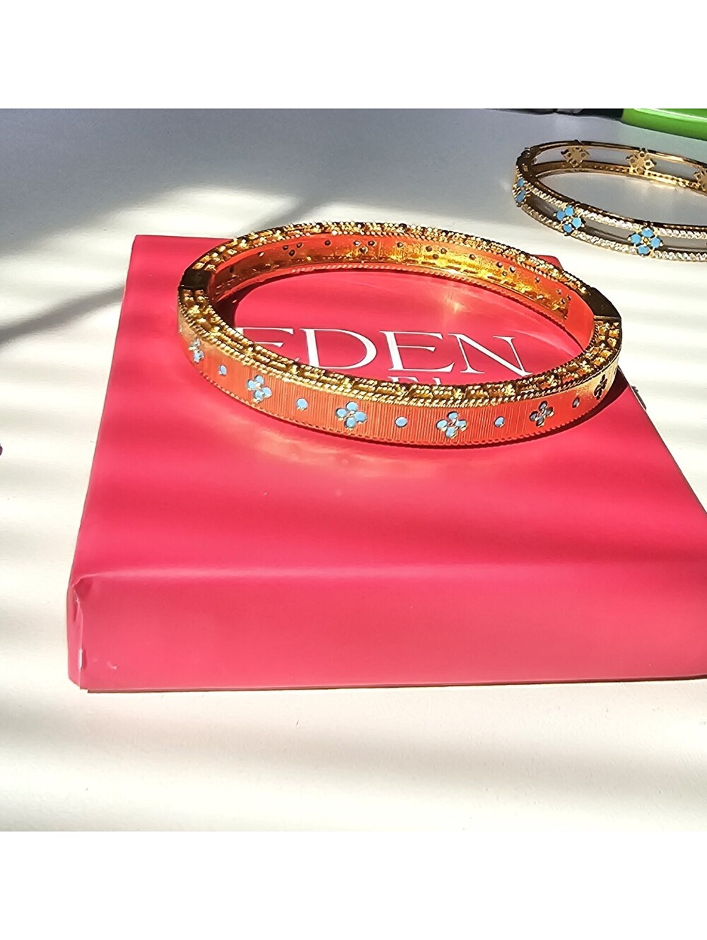 Designer Adina Eden Italian Gold-plated Turquoise Clover Bracelet Oval Hinged